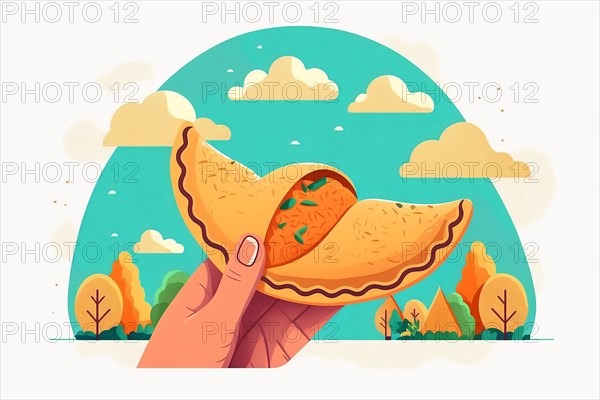Hand holds empanada. Latin American food empanadas in plate. Ai generated art