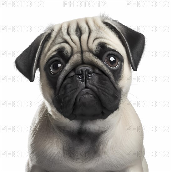 Portrait of a Pug in front of a white background. AI generated Art