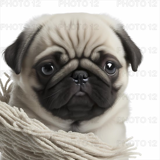 Portrait of a Pug in front of a white background. AI generated Art