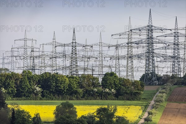 Numerous high-voltage pylons