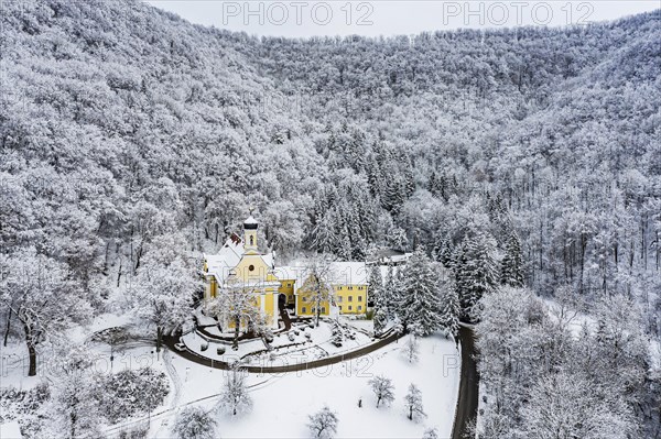 Ave Maria pilgrimage church and Capuchin monastery with snow