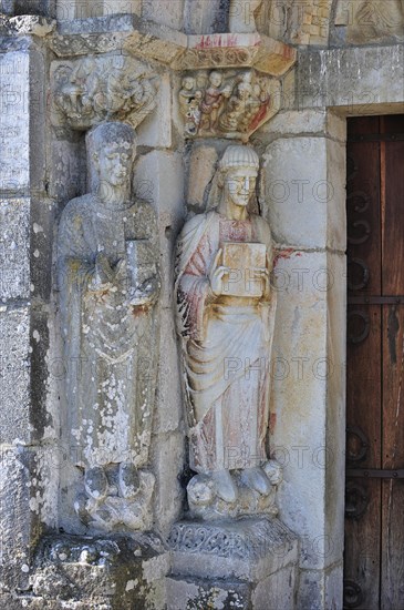 Sculptures in the porch of the basilica Saint-Just de Valcabrere in Romanesque style at Comminges