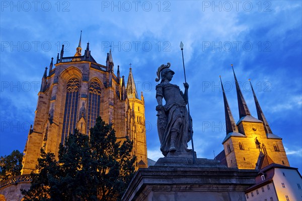 Erfurt Cathedral and Severi Church with Minerva Fountain in the evening