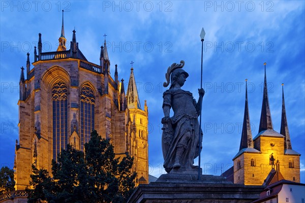 Erfurt Cathedral and Severi Church with Minerva Fountain in the evening
