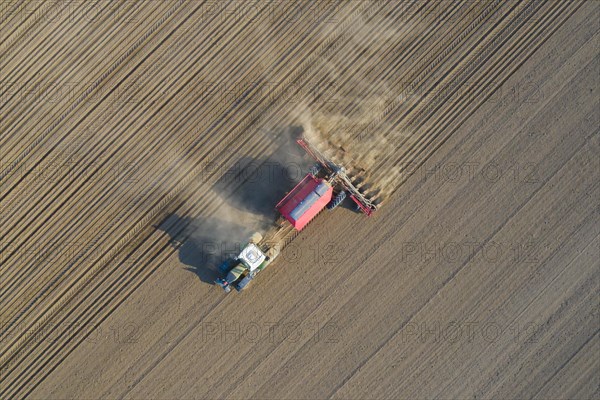 Aerial view over tractor with pneumatic seed drill