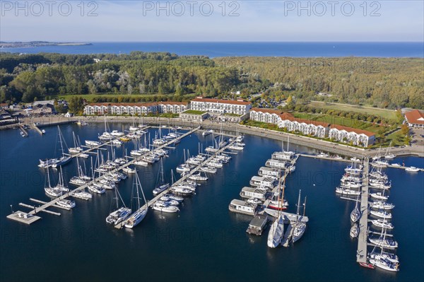 Weisse Wiek holiday resort at Boltenhagen along the Baltic Sea showing hotels and sailing boats in marina