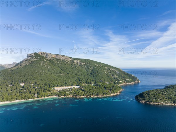 Aerial view of Formentor Peninsula with Formentor Beach, Hotel Royal Hideaway Formentor formerly Hotel Formentor, Cala Pi de la Posada, Illa del Geret Port de Pollenca, Mallorca, Balearic Islands Spai...