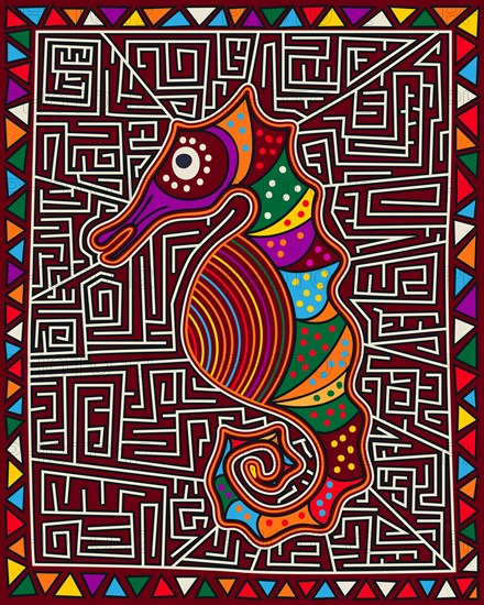 Seahorse Mola Indian style composition, vector illustration