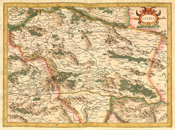 Atlas, map from 1623, Stiria, Steyr, Austria, digitally restored reproduction from an engraving by Gerhard Mercator, born Gheert Cremer, 5 March 1512, 2 December 1594, geographer and cartographer, Eur...