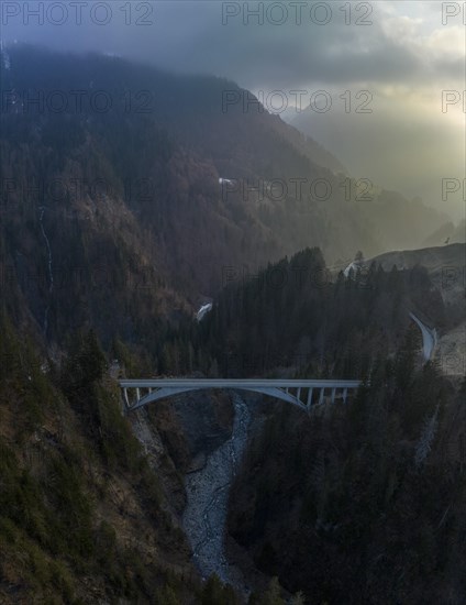 Salginatobel Bridge, educational object 1930s reinforced concrete bridge, engineering milestone ASCE, UNESCO World Heritage waiting list, drone image, Schiers Schuders, Praettigau, Graubuenden, Switze...