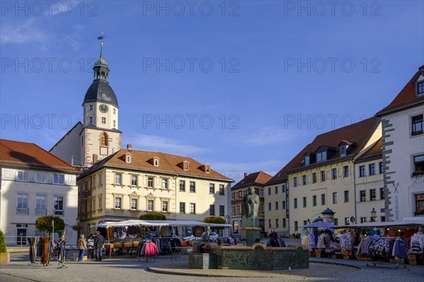 Market place with church, Schmoelln, Sprottetal, Altenburger Land, Thuringia, Germany, Europe