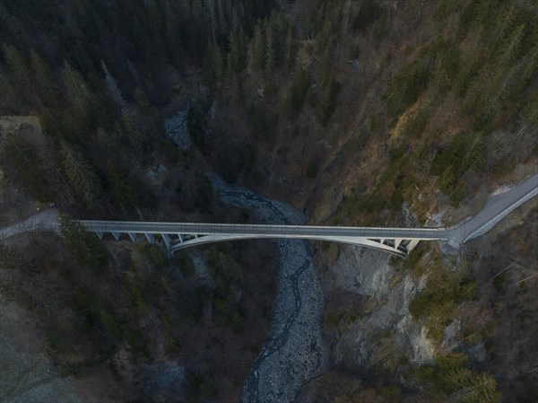 Salginatobel Bridge, educational object 1930s reinforced concrete bridge, engineering milestone ASCE, UNESCO World Heritage waiting list, drone image, Schiers Schuders, Praettigau, Graubuenden, Switze...