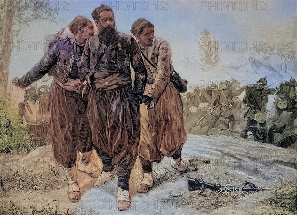 Scene from the Battle of Woerth, 6 August 1870, also known as the Battle of Reichshoffen or as the Battle of Froeschwiller, captured Zouaves, Historical, digitally restored reproduction of an original...
