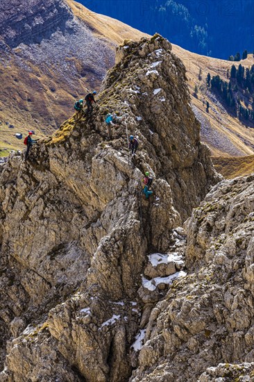 Climbers on the Innerkoflerturm, view from the Langkofelscharte, Sella Pass, Dolomites, South Tyrol, Italy, Europe