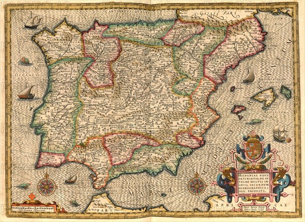 Atlas, map from 1623, Iberian Peninsula, Spain, Portigal, digitally restored reproduction from an engraving by Gerhard Mercator, born as Gheert Cremer, 5 March 1512, 2 December 1594, geographer and ca...