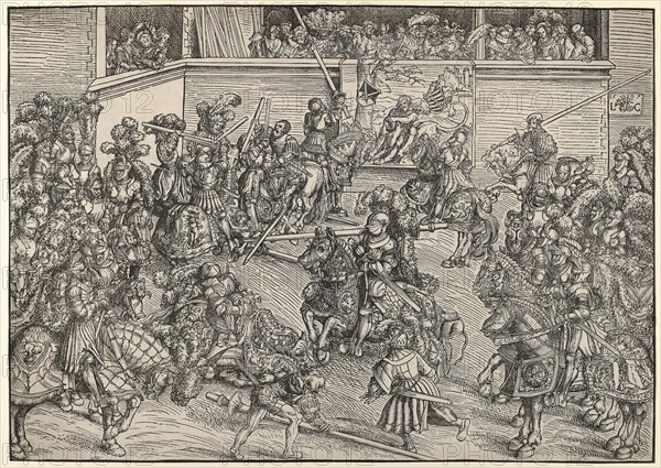 The Tournament with Samson, Simson, and the Lion, painting by Lucas Cranach the Elder, 4 October 1472, 16 October 1553, one of the most important German painters, graphic artists and letterpress print...