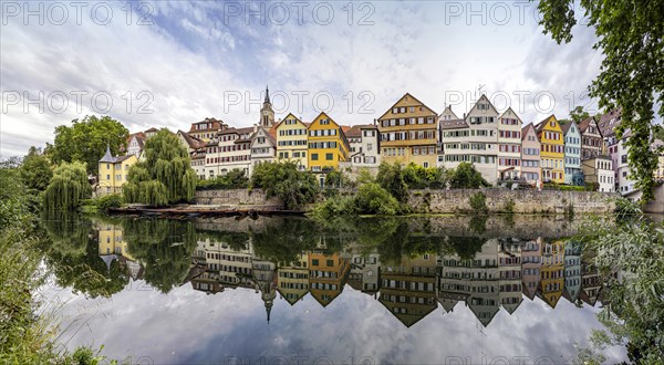 City view with historical buildings on the Neckar, Neckar front, Collegiate Church and Hoelderlin Tower, Tuebingen, Baden-Wuerttemberg, Germany, Europe