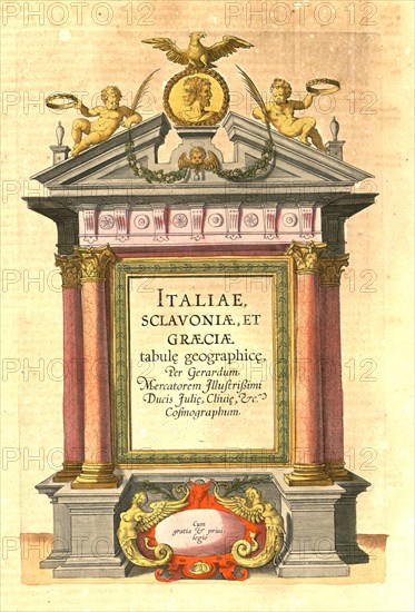 Atlas, map from 1623, Italy, intertitle in the atlas, digitally restored reproduction from an engraving by Gerhard Mercator, born as Gheert Cremer, 5 March 1512, 2 December 1594, geographer and cartog...