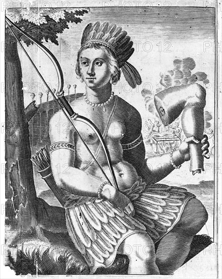 An allegorical representation of the Americas in the form of a seated Indian woman in a feathered skirt and headdress holding a bow and a severed human leg. Human activities include scenes of cannibal...