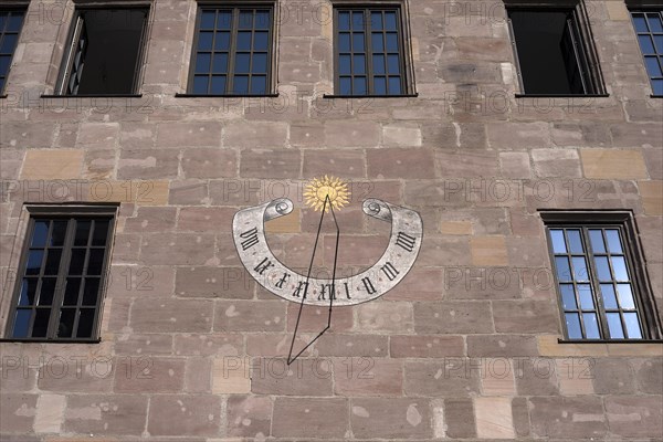 Sundial on the historic Schuerstabhaus, patrician house, Albrecht-Duerer-Platz.4, Nuremberg, Middle Franconia, Bavaria, Germany, Europe
