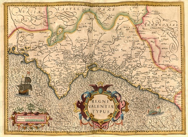 Atlas, map from 1623, Regni Valentiae Typus, Reino de Valencia, Spain, digitally restored reproduction from an engraving by Gerhard Mercator, born as Gheert Cremer, 5 March 1512, 2 December 1594, geog...