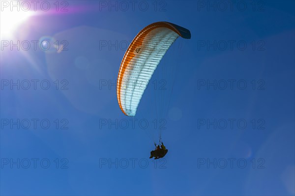 Paragliding tandem flight, Val Gardena, Dolomites, South Tyrol, Italy, Europe