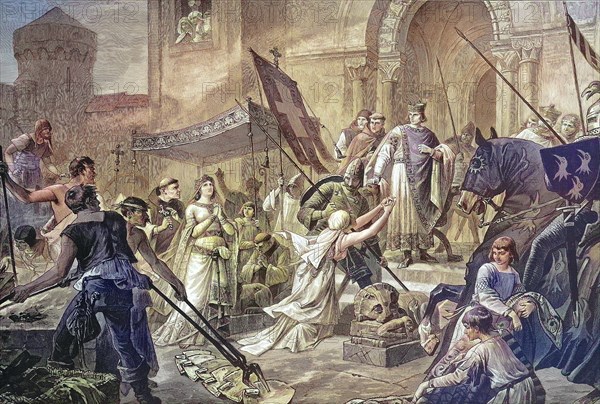 The Trial by Fire of St. Cunegonde of Luxembourg, Empress of the Holy Roman Empire by Marriage to the Holy Roman Emperor Henry II, Historical, digitally restored reproduction of a 19th century origina...