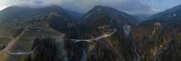 Salginatobel Bridge, educational object 1930s reinforced concrete bridge, engineering milestone ASCE, UNESCO World Heritage waiting list, drone image, Schiers Schuders, Praettigau, Graubuenden, Switze...