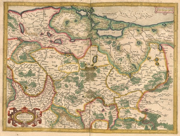 Atlas, map from 1623, Mark Brandenburg, Pomerania, Germany, digitally restored reproduction from an engraving by Gerhard Mercator, born as Gheert Cremer, 5 March 1512, 2 December 1594, geographer and ...