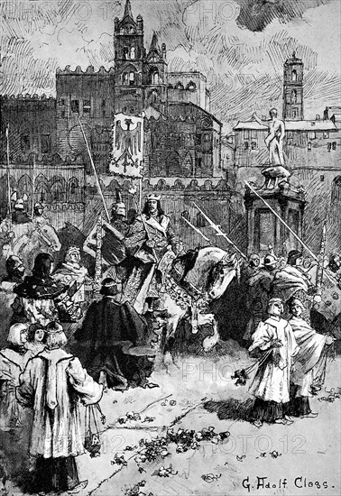 Henry VI, November 1165, 28 September 1197, member of the Hohenstaufen dynasty, was German King of the Romans from 1190 and Holy Roman Emperor from 1191 until his death, Entry into Palermo, Historical...