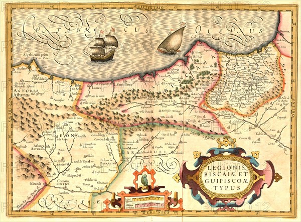 Atlas, map from 1623, Legionis Biscaiae et Guipiscoae, North of Spain, digitally restored reproduction from an engraving by Gerhard Mercator, born as Gheert Cremer, 5 March 1512, 2 December 1594, geog...