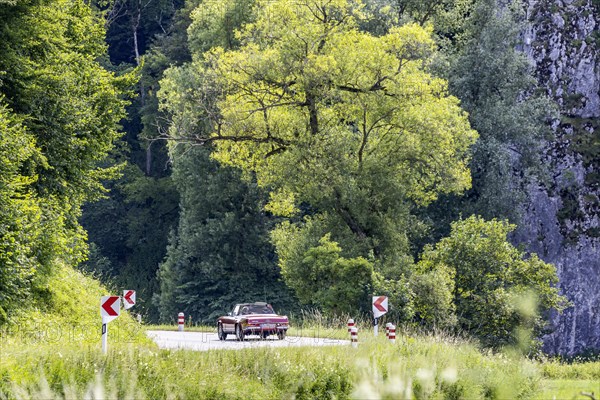 The Lauter Valley in the Swabian Alb is a popular excursion route for classic cars, Muensingen, Baden-Wuerttemberg, Germany, Europe