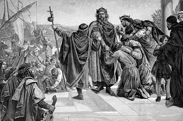 Frederick I, Frederick, 1122, 10 June 1190, also known as Frederick Barbarossa, was Holy Roman Emperor from 1155 until his death, Farewell to his Crusade, Historical, digitally restored reproduction f...