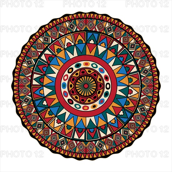 Decorative round tribal design element over white background, vector illustration