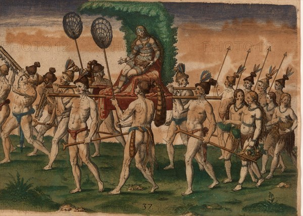 Native Americans carry their future queen on a palanquin. In front of them walk men playing musical instruments like a trumpet, followed by woman carrying baskets of fruit and soldiers with spears. Tw...