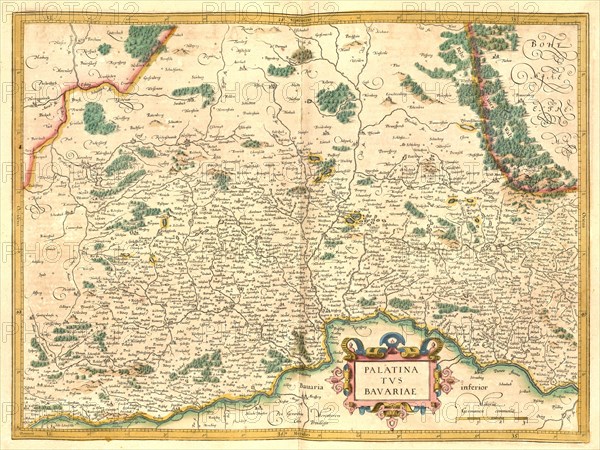Atlas, map from 1623, Palatina and Bavariae, Palatinate and Bavaria, digitally restored reproduction from an engraving by Gerhard Mercator, born as Gheert Cremer, 5 March 1512, 2 December 1594, geogra...