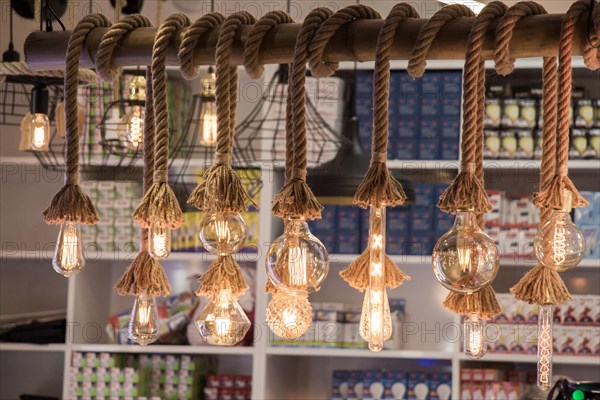 Decorative antique edison style filament light bulbs hanging