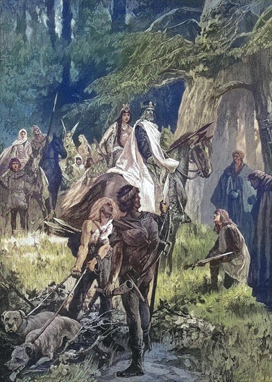 Otto I, traditionally known as Otto the Great, was German King and Holy Roman Emperor from 936, here he awards his son Ludolf, Historical, digitally restored reproduction of a 19th century original