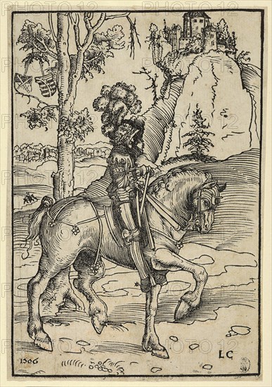 Knight on horseback riding to the right, painting by Lucas Cranach the Elder, 4 October 1472, 16 October 1553, one of the most important German painters, graphic artists and letterpress printers of th...