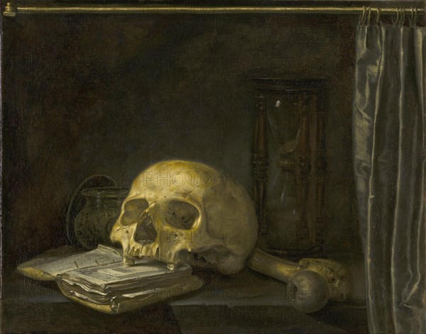 Vanitas Still Life with a Skull on a Book, Historical, digitally restored reproduction of a historical work of art