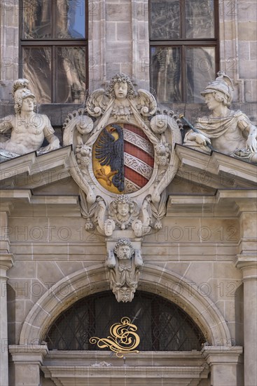 Lower entrance portal of the historic Wolf Town Hall, built in 1622, Nuremberg, Middle Franconia, Bavaria, Germany, Europe