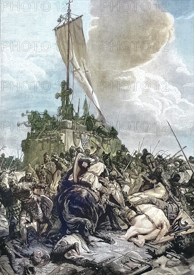 The Battle of Legnano took place on 29 May 1176 between the troops of the Holy Roman Empire led by Emperor Frederick Barbarossa and the Lombard League, Historical, digitally restored reproduction of a...