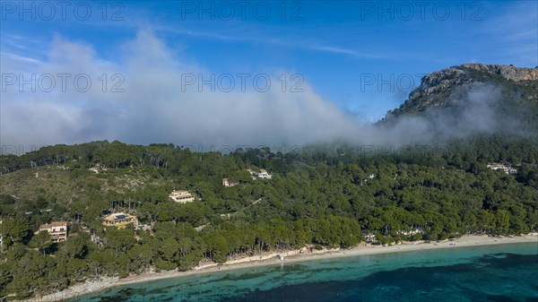 Aerial view of Formentor Peninsula with Formentor Beach, Hotel Royal Hideaway Formentor formerly Hotel Formentor, Cala Pi de la Posada, Illa del Geret Port de Pollenca, Mallorca, Balearic Islands Spai...