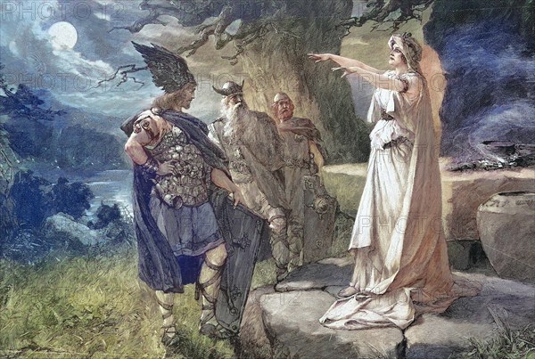 Arminius, c. 17 BC, c. 21 AD, was a prince of the Cherusci, shown here with the seer, fortune-teller, in front of the battle with Germanicus, Historical, digitally restored reproduction of an original...