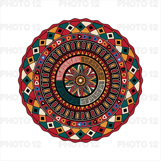 Decorative round tribal design element over white background, vector illustration