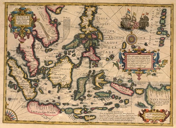 Atlas, map from 1623, Asia, Islands, Java, Borneo, Papua, Philippines, digitally restored reproduction from an engraving by Gerhard Mercator, born as Gheert Cremer, 5 March 1512, 2 December 1594, geog...