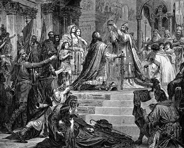 Charlemagne, 2 April 742, 28 January 814, also known as Charlemagne, Carolus or Karolus Magnus or Charles I. Imperial Coronation in St. Peters, Historic, digitally restored reproduction from a 19th ce...