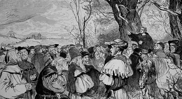Martin Luthers popular sermon in Moehra, Moehra is considered the Thuringian ancestral home of Martin Luthers family, Germany, 1521, Historic, digitally restored reproduction from a 19th century origi...