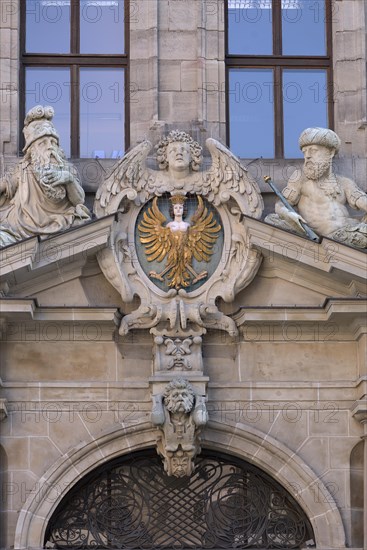 Upper entrance portal of the historic Wolf Town Hall, built in 1622, Nuremberg, Middle Franconia, Bavaria, Germany, Europe