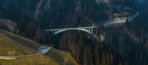 Salginatobel Bridge, educational object 1930s reinforced concrete bridge, engineering milestone ASCE, UNESCO World Heritage waiting list, drone image, Schiers Schuders, Praettigau, Graubuenden, Switze...